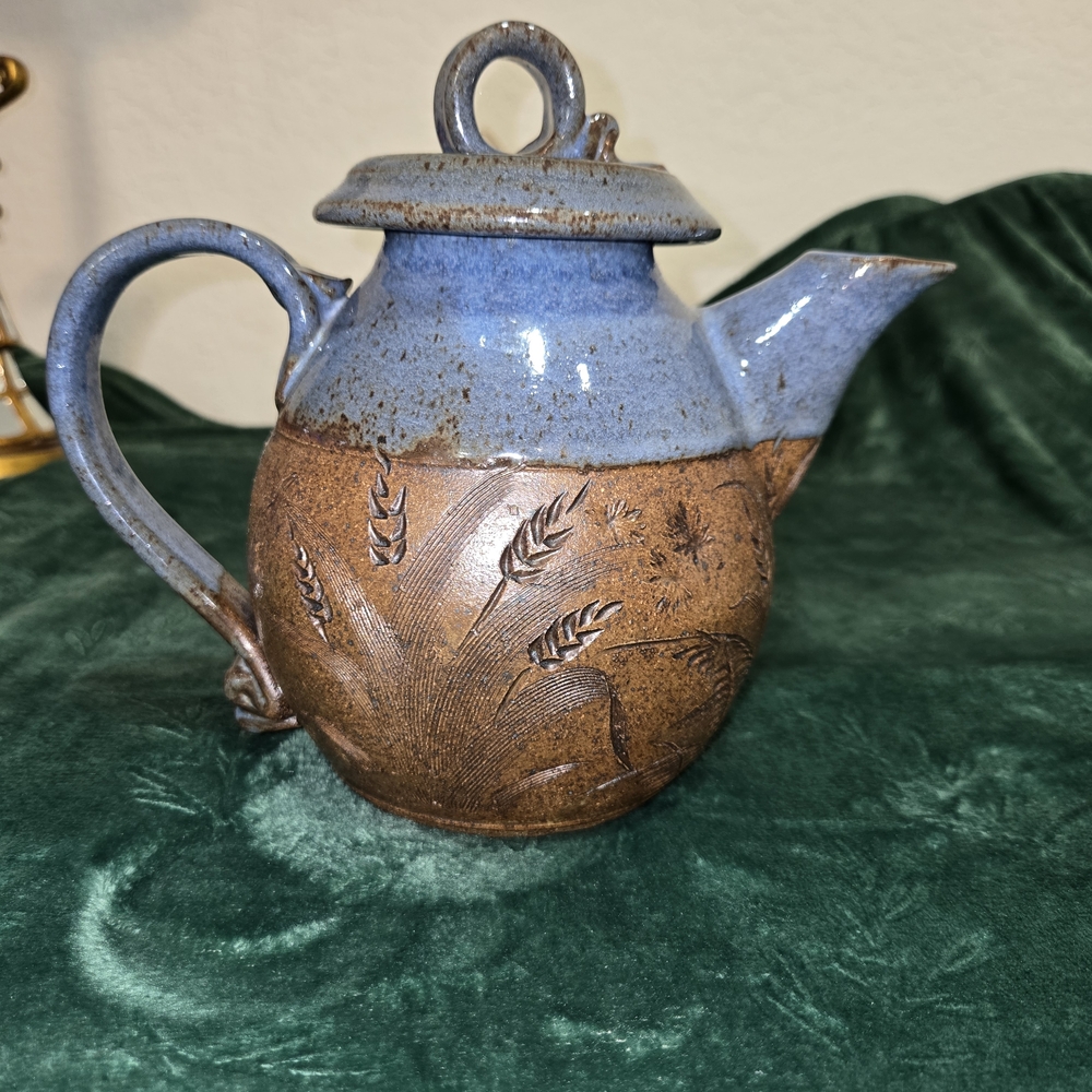 Rustic Blue and Brown Ceramic Teapot